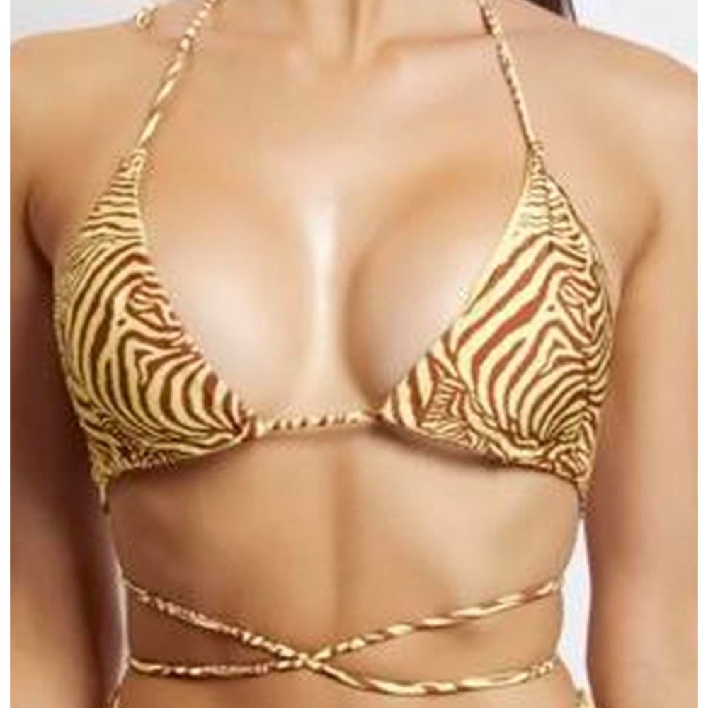 MESHKI Ariel triangle bikini top and‎ string tie bottom yellow zebra S/M